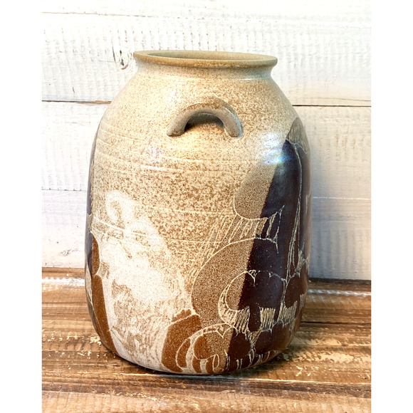 Vintage Crich Pottery England Double Handled Jug Brown Diana Worthy Signed - Picture 6 of 12